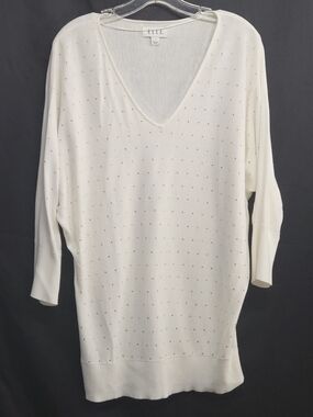 ELLE V-Neck Lightweight Sweater Tunic - Ivory with Subtle Gold Dots Size LARGE